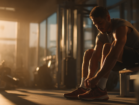 A man sitting on an exercise, tying his shoes and setting fitness goals for himself