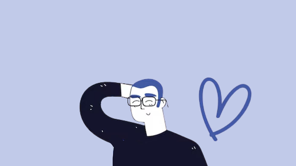 Um homem com uma mão na cabeça e expressão de divertimento, com um coração desenhado do seu lado direito