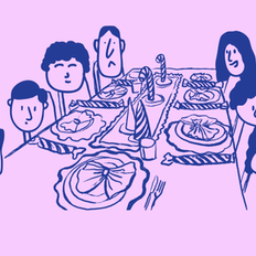 Ilustração de uma família de 8 pessoas sentada à mesa de Natal