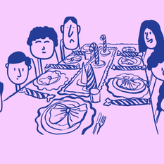 Ilustração de uma família de 8 pessoas sentada à mesa de Natal