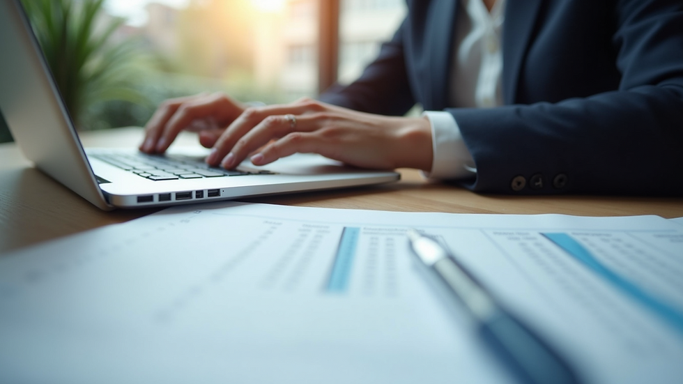 Eye-level view of a person working on a laptop with financial documents spread out