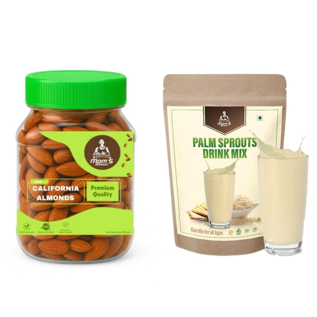 MOM’S HARVEST Raw California Almonds 100g Jar + Palm Sprouts Drink Mix 200g