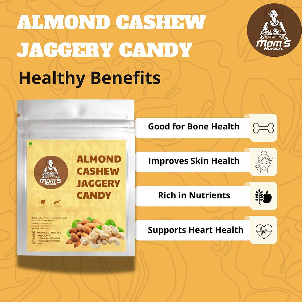 Thumbnail: MOM'S HARVEST Palm Jaggery 900g + Almond Cashew Jaggery Candy Pack of 6