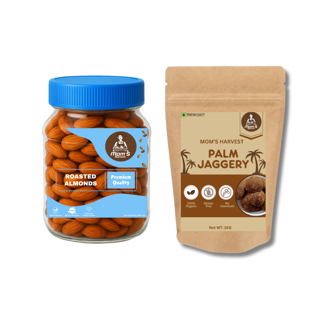 MOM’S HARVEST Roasted Almonds 100g Jar + Palm Jaggery 450g