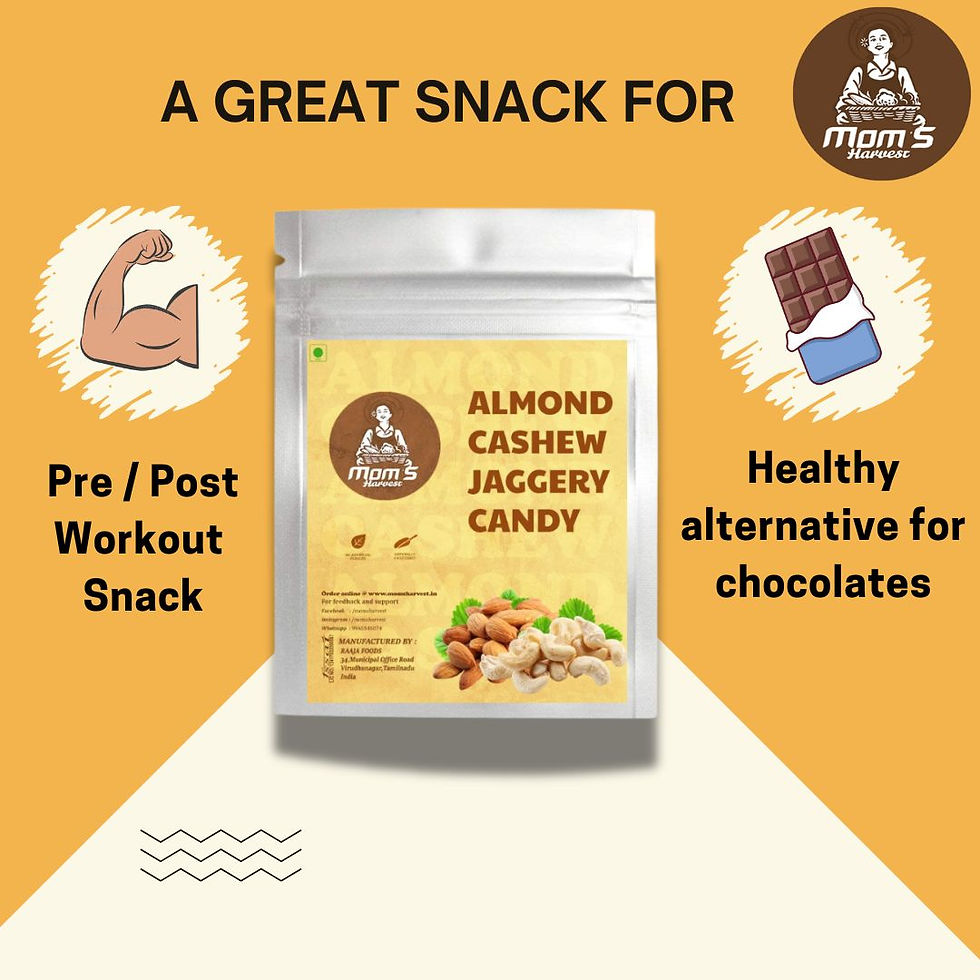 Thumbnail: MOM'S HARVEST Organic Palm Sugar 500g + Almond Cashew Jaggery Candy (Pack of 10)