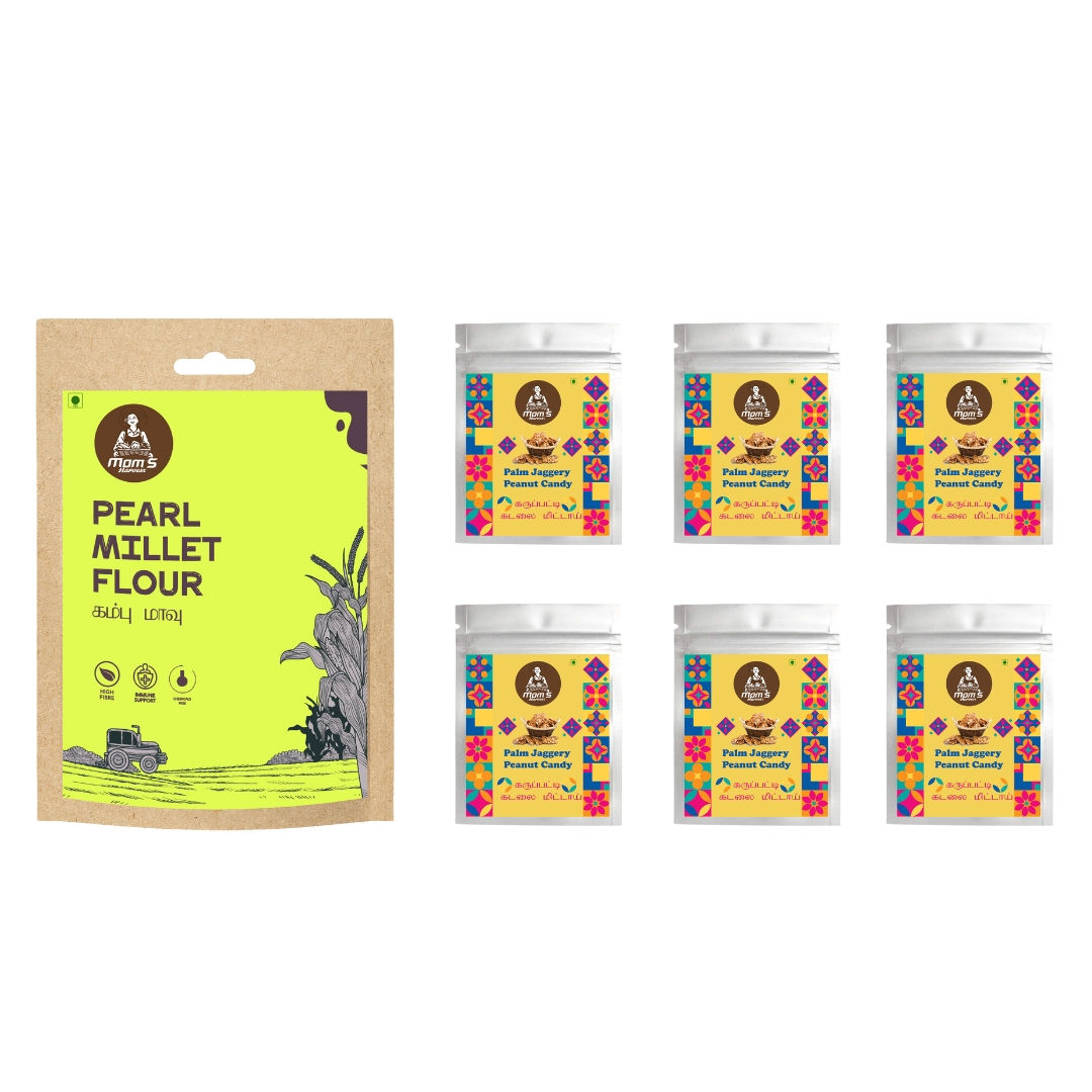 MOM'S HARVEST Kambu Flour 200g + Palm Jaggery Peanut Candy (Pack of 6)