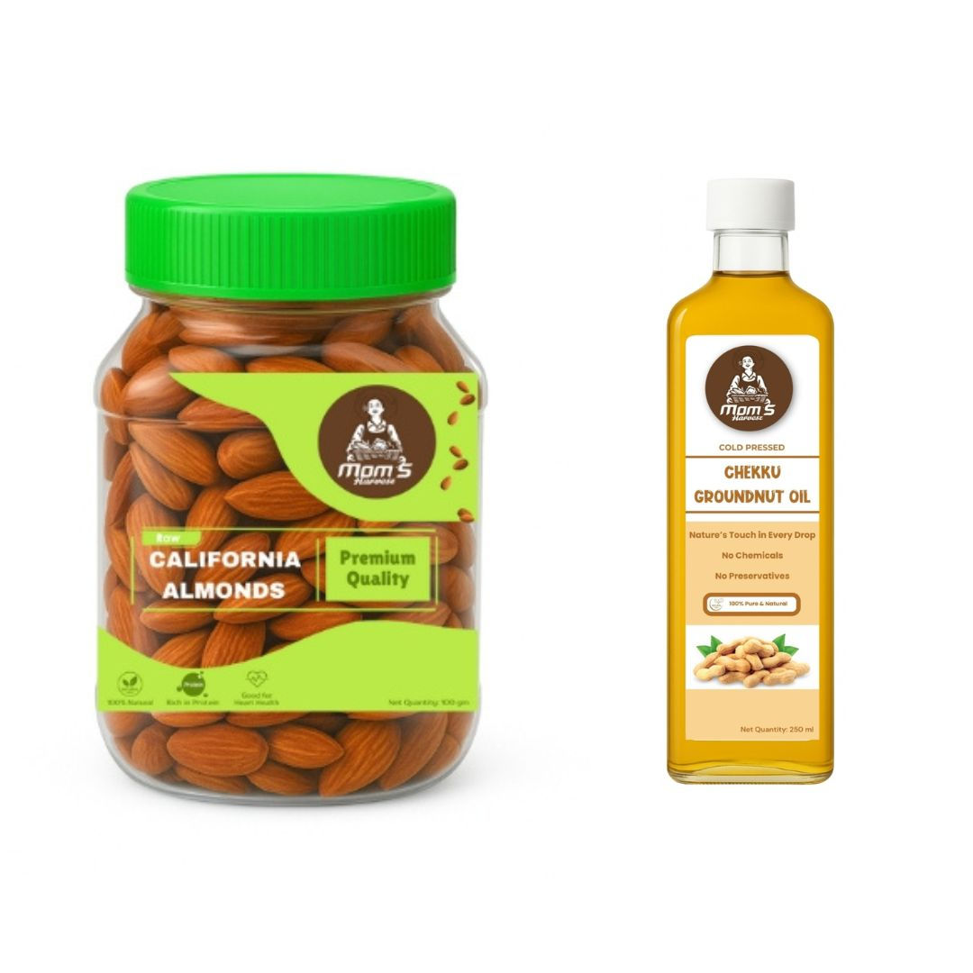 MOM’S HARVEST Raw California Almonds 100g Jar + Groundnut Oil 250ml