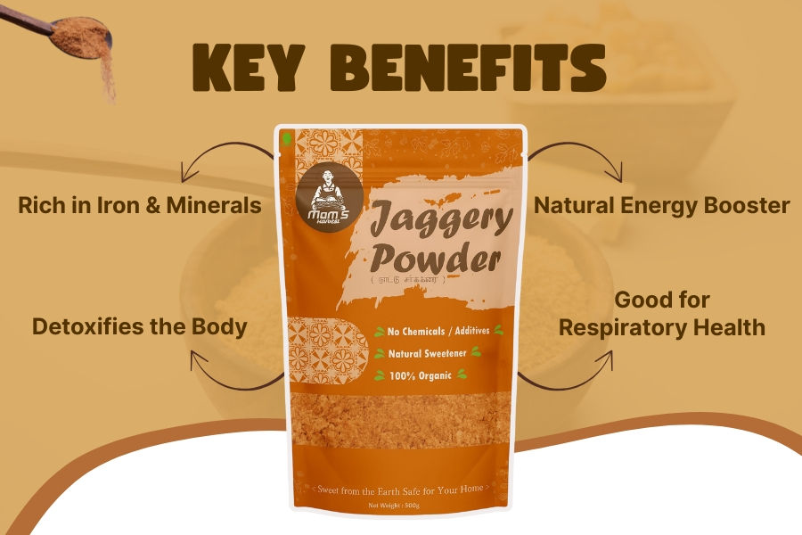 Thumbnail: MOM'S HARVEST Jaggery Powder 500g + Jaggery Chocolate Drink Mix 200g