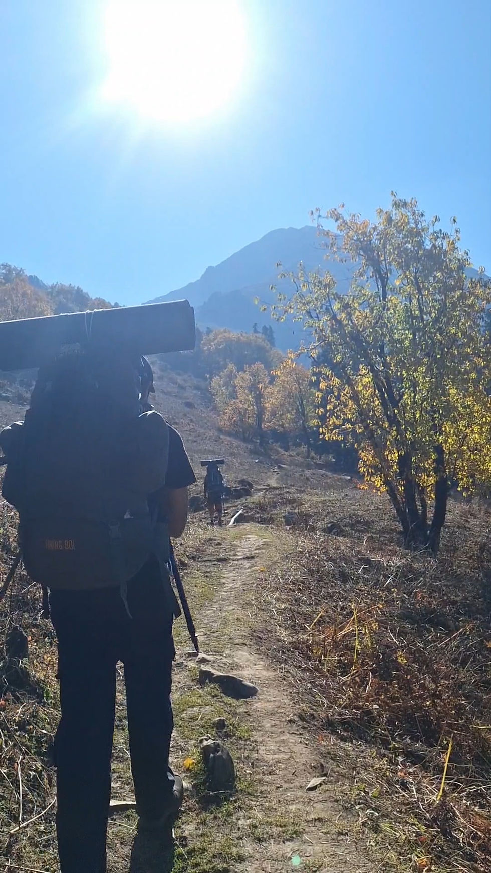 Hikers with backpacks and rolled tents walk a sunny mountain trail toward a blue peak and autumn trees.