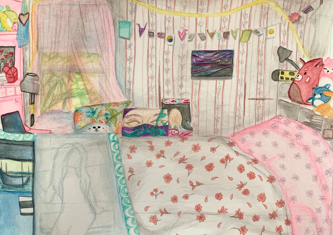 Watercolor painting of a feminine bedroom with pinks, a floral bedsheet and wallpaper, paper cranes on a string light, and stuffed animals on the headboard. In the foreground and on the bed are paintings and a window with pink curtains. 