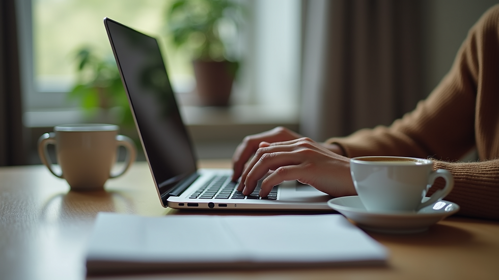 Close-up view of a person typing on a laptop with a coffee cup nearby