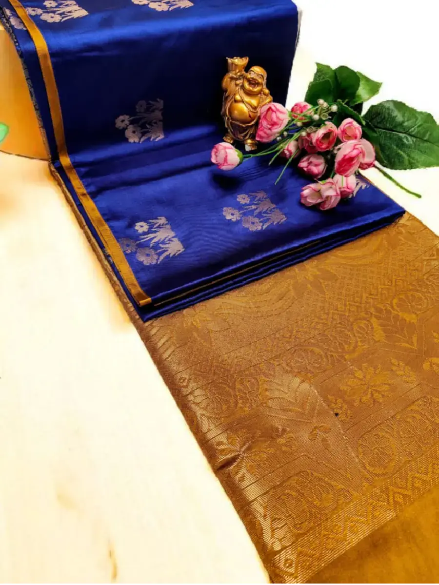 Prussian Blue Soft Silk Saree with Golden Zari Border & Pallu Closeup View