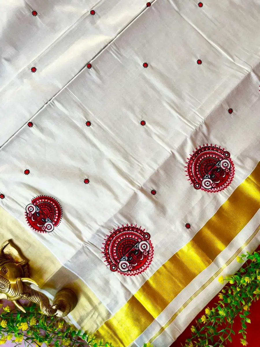 Theyyam Embroidery Kasavu Tissue Saree with Blouse Opened View