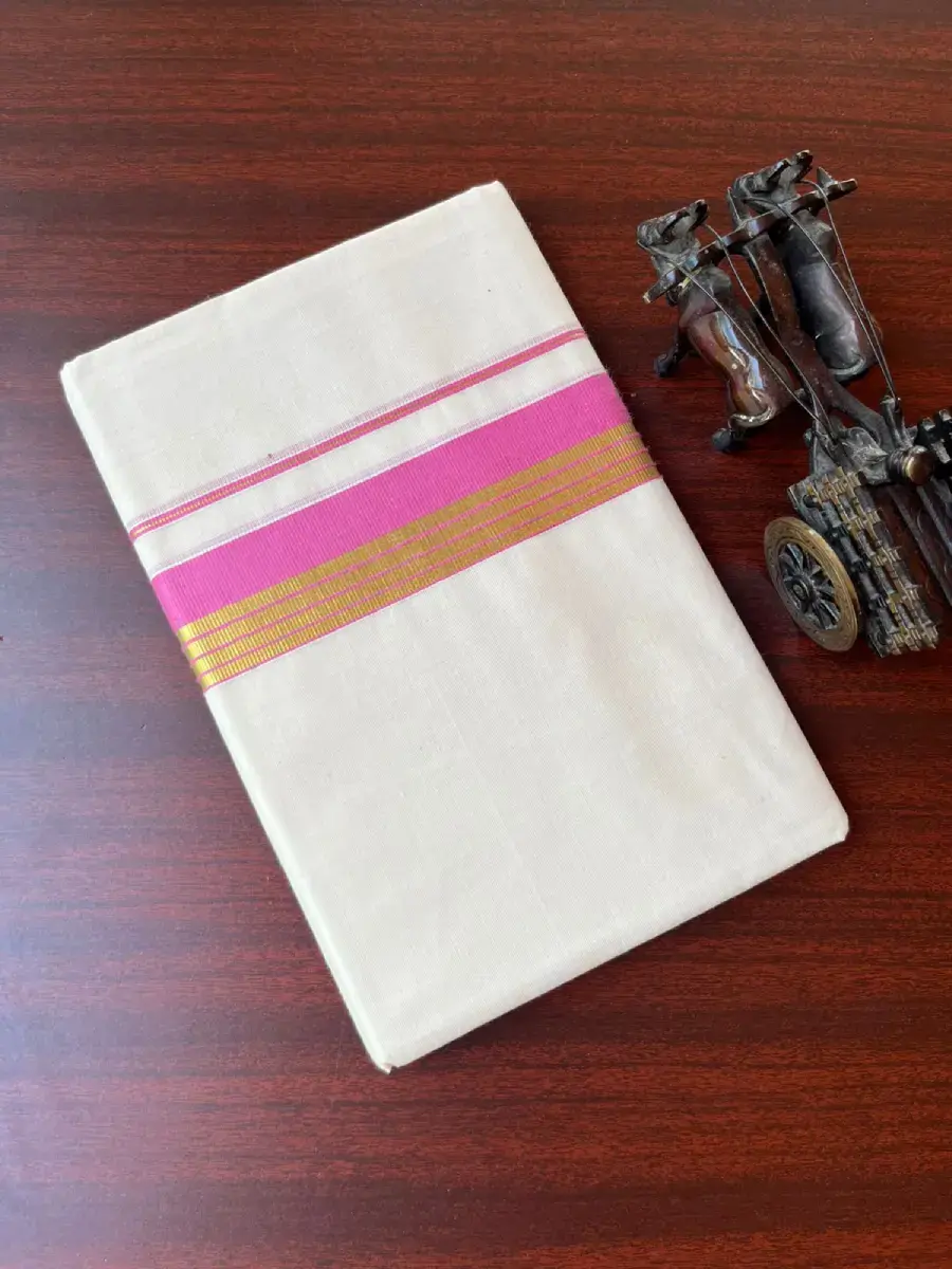 Rose Pink Kasavu Kara Pure Cotton Double Mundu Dhoti Main View