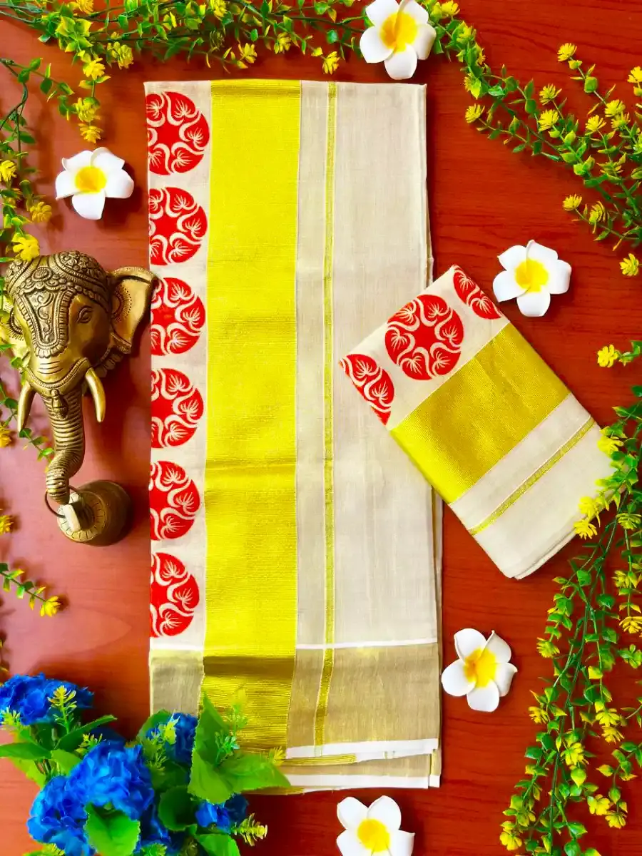 Orange Phool Designer Kasavu Tissue Setmundu Top View