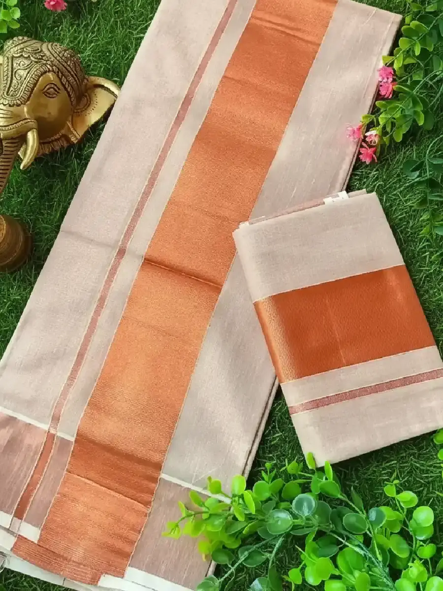 Copper Kasavu Tissue Set Mundu Main View