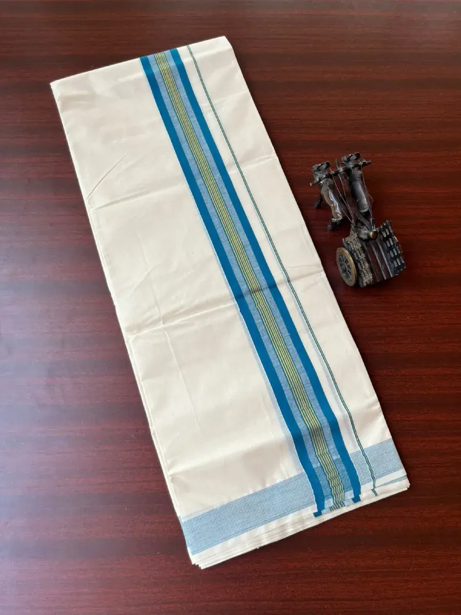 Aqua Blue Kasavu Kara Pure Cotton Double Mundu Dhoti Top View