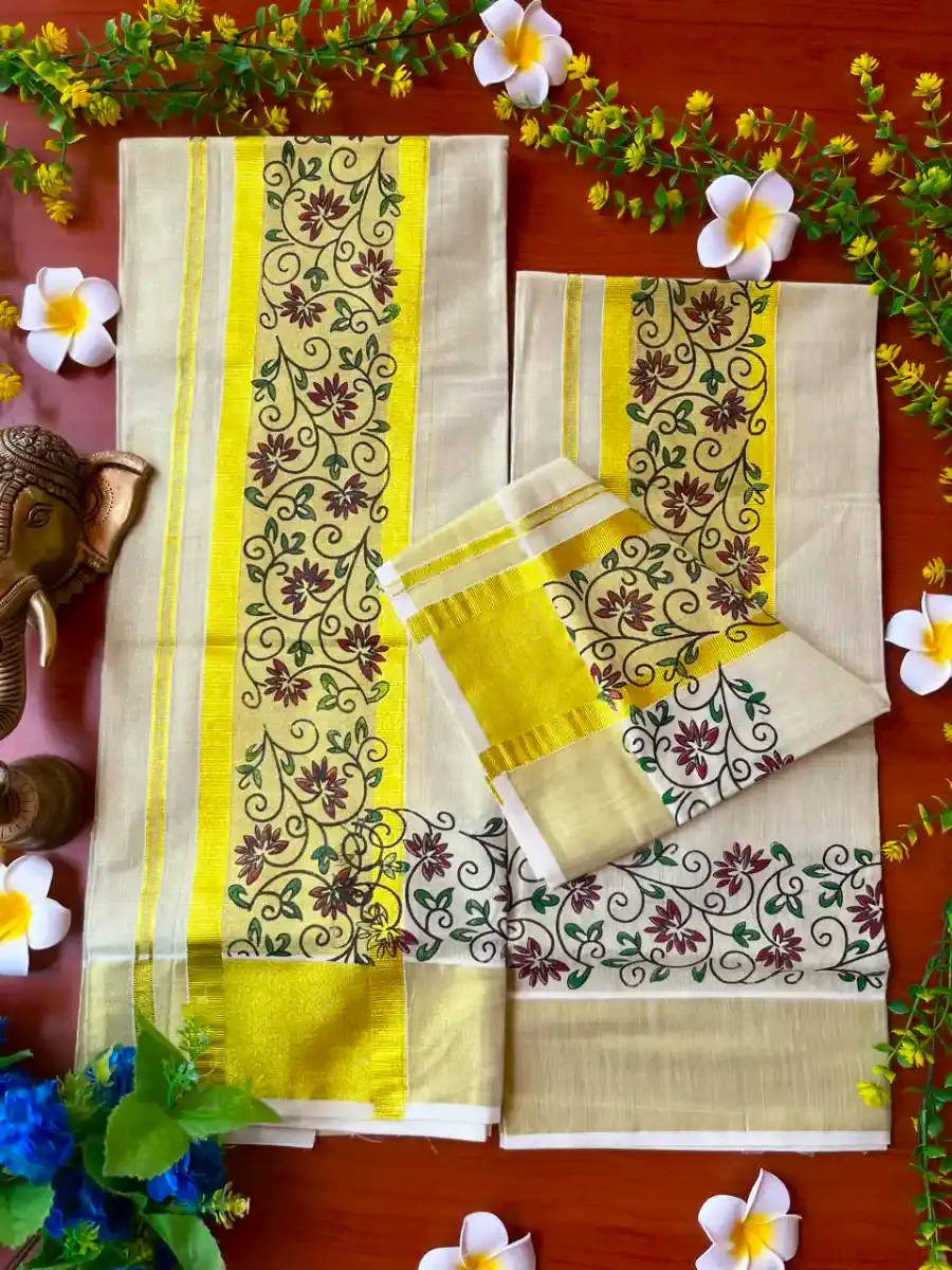 Floral Creeper Designer Kasavu Tissue Setmundu Full View