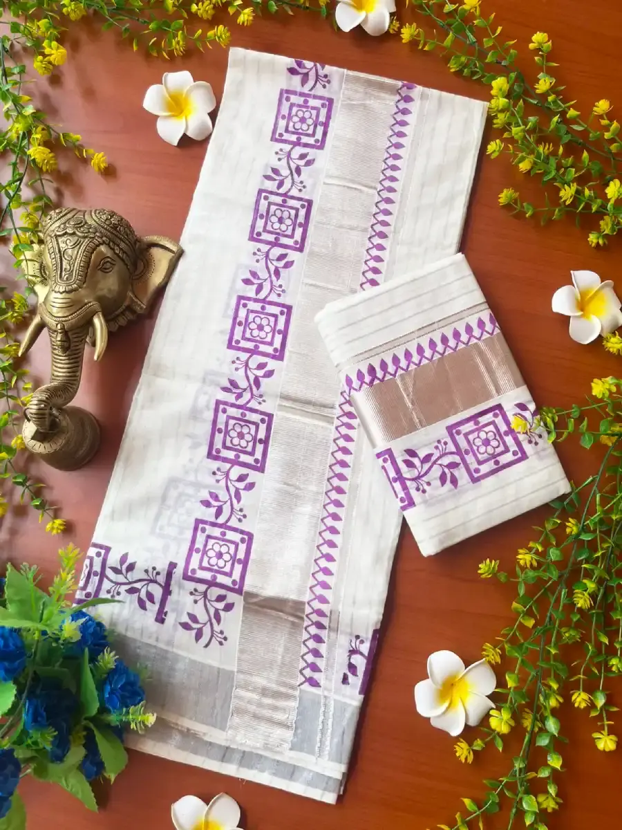 Violet Floral Chakra Premium Silver Stripe Kasavu Cotton Handloom Setmundu Top View