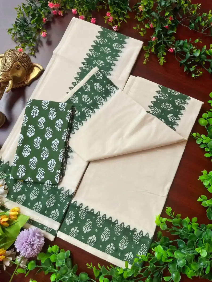 Thumbnail: Pea Green Mango Floral Cotton Setmundu with Matching Blouse Pallu View
