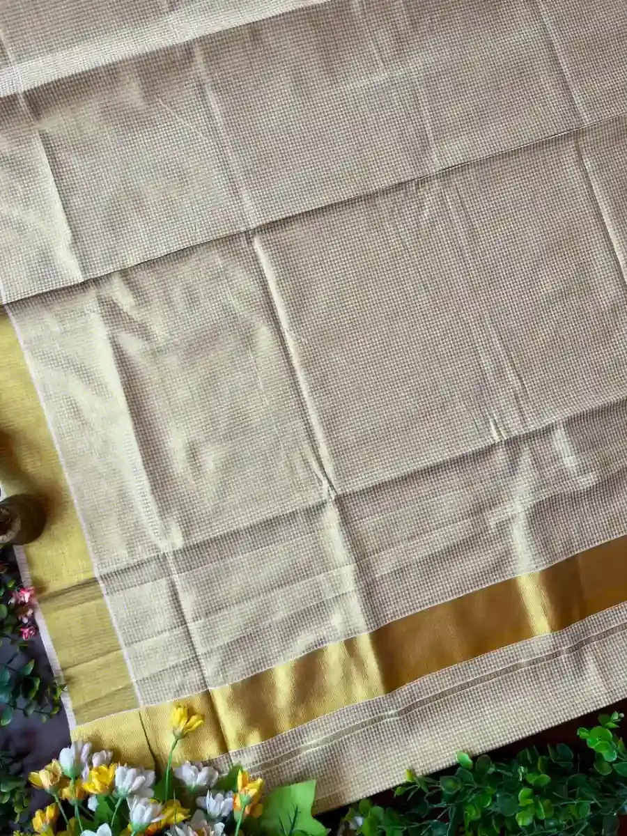 Thumbnail: Golden Tiny Check Designer Tissue Kerala Saree Opened View