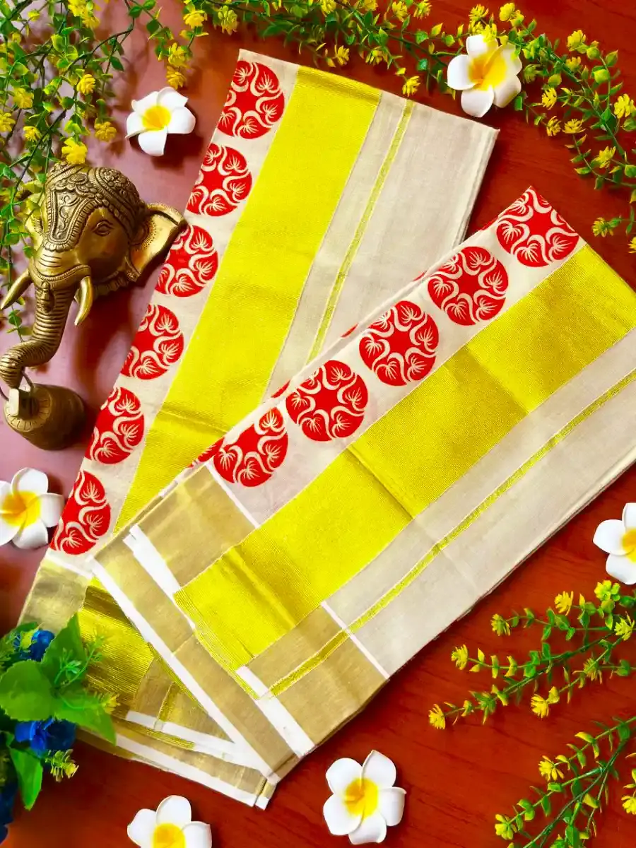Orange Phool Designer Kasavu Tissue Setmundu Full View