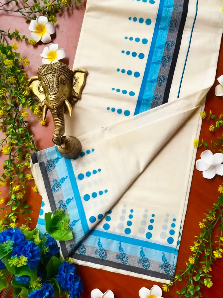 Peacock Dotto Blue and Black Kara Pure Cotton Kuthampully Saree Full View