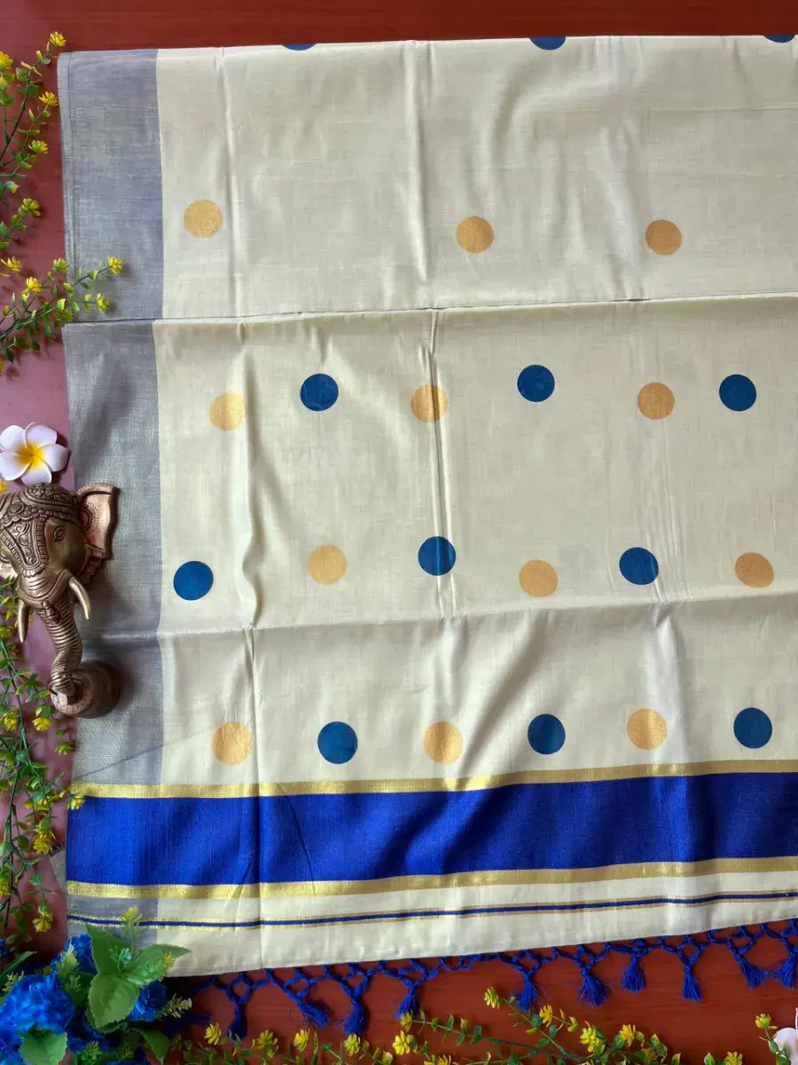 Thumbnail: Polka Dot Blue and Gold Kasavu Tissue Kerala Saree Closeup View