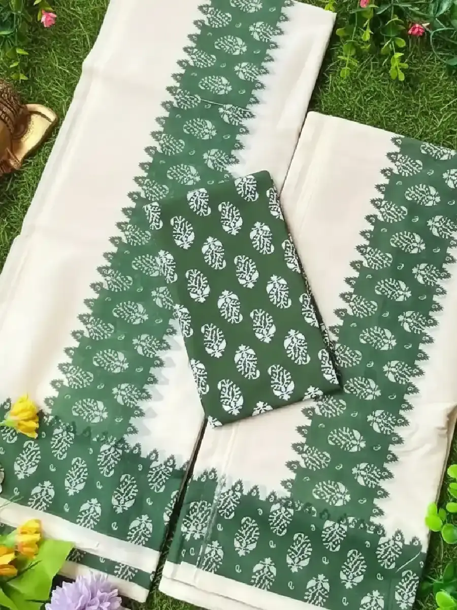 Pea Green Mango Floral Cotton Setmundu with Blouse Main View