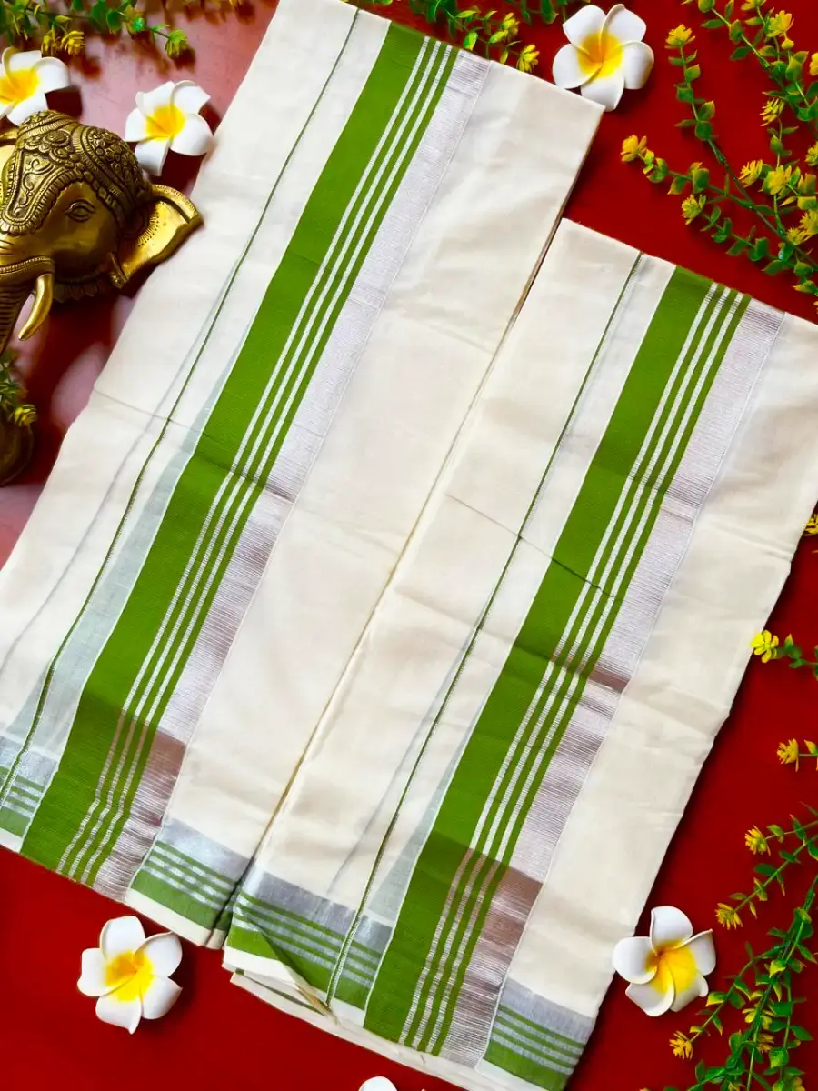 Thumbnail: Pea-Green Silver Kasavu Setmundu Closeup View