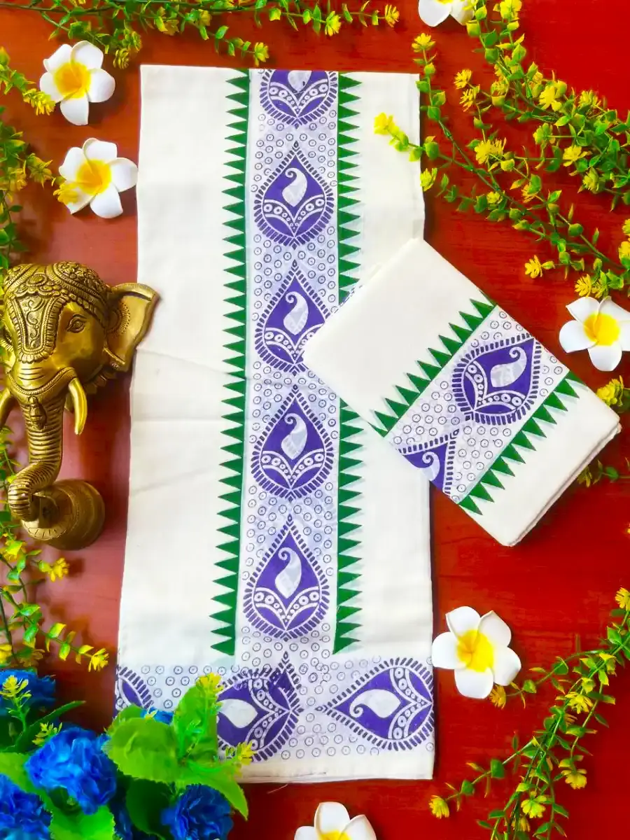 Blue Mango Green Temple Designer Cotton Setmundu Top View
