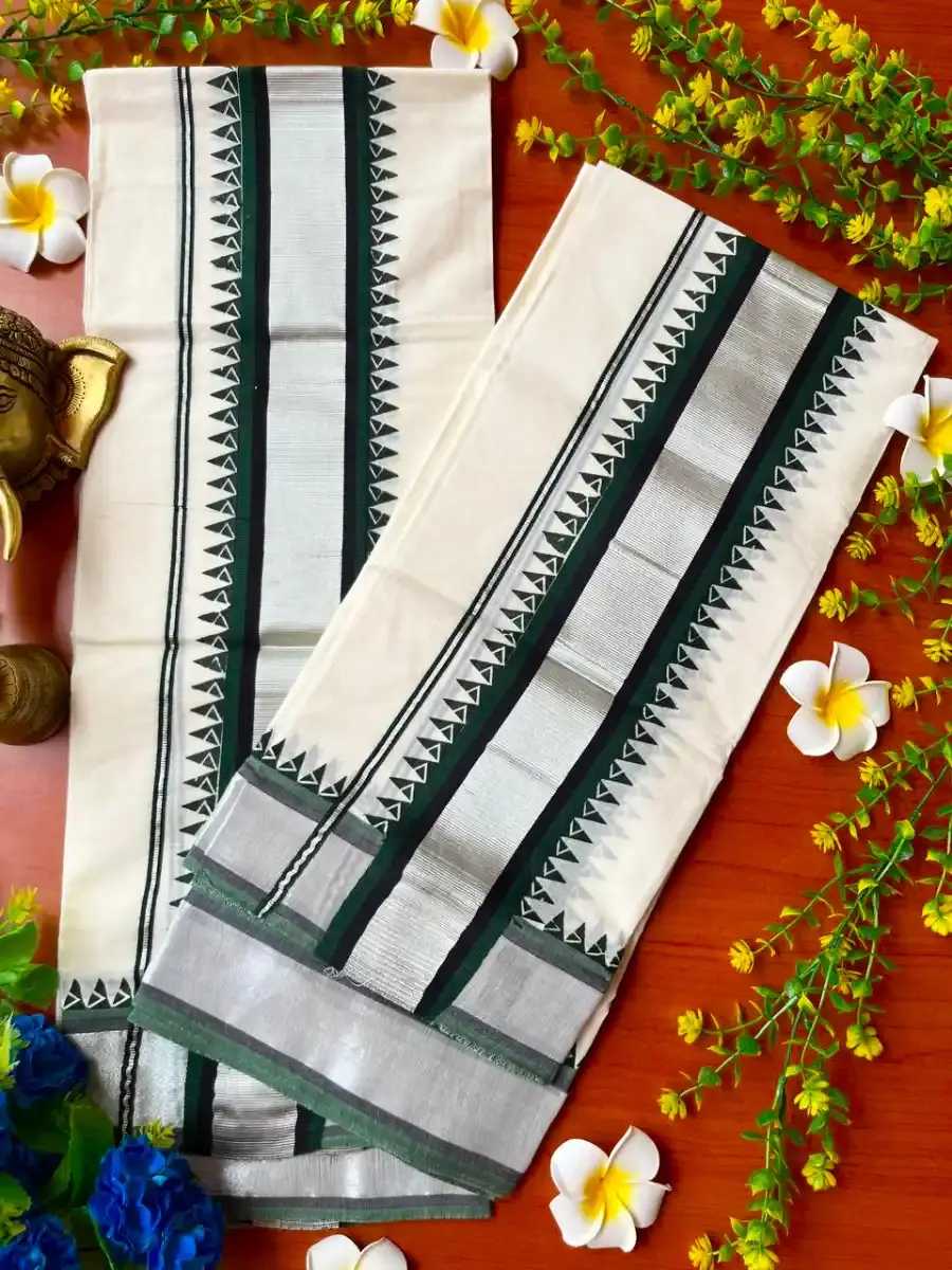 Premium Forest Green Black Temple Designer Silver Kasavu Cotton Setmundu Full View