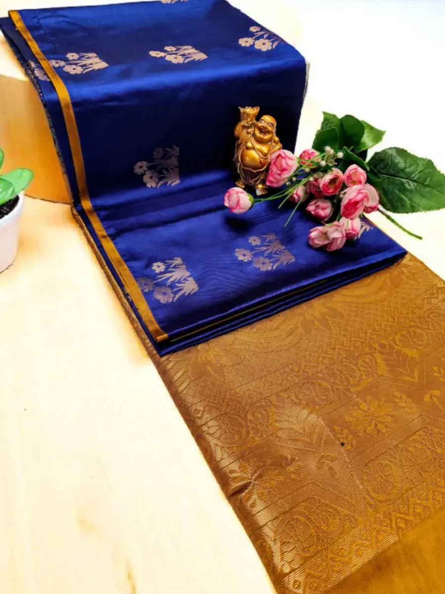 Prussian Blue Soft Silk Saree with Golden Zari Border & Pallu Main View