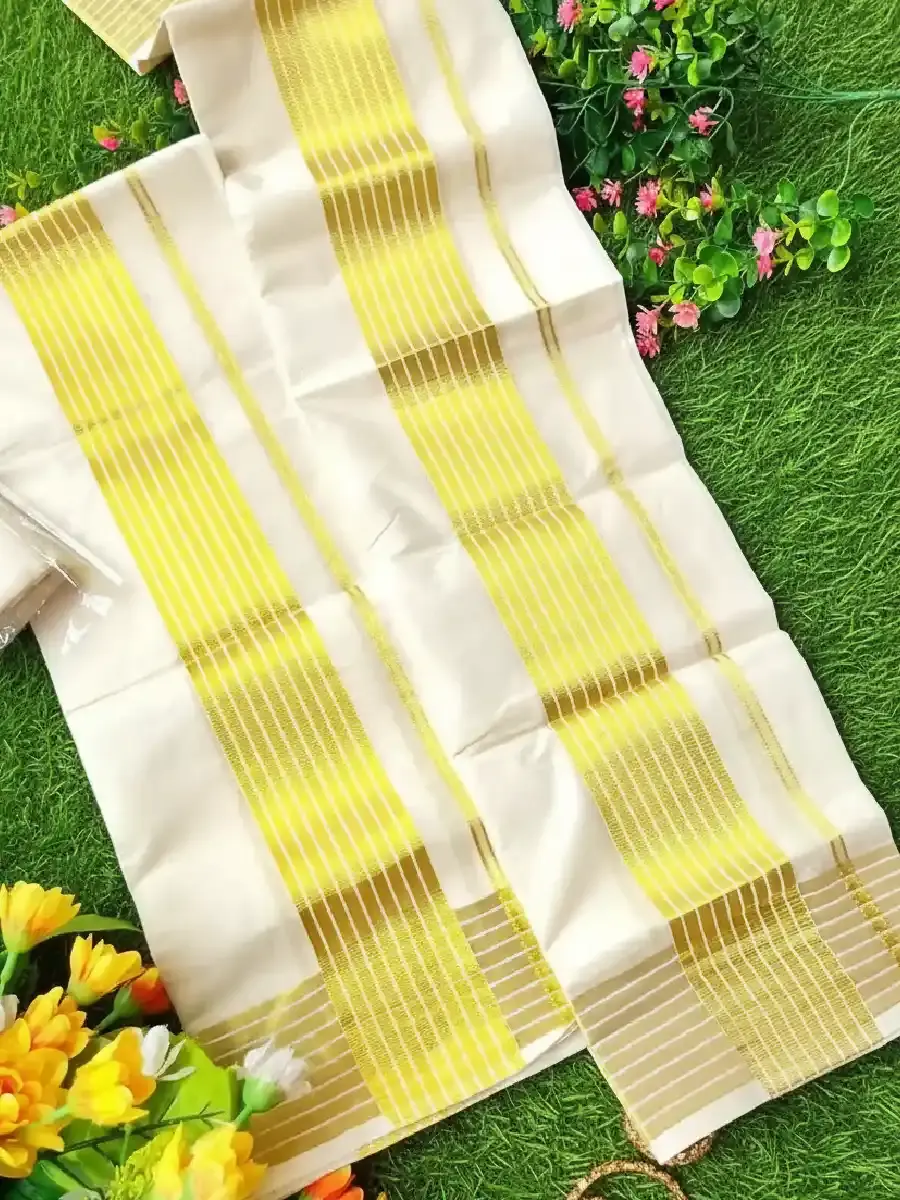 Thumbnail: Stripe Kasavu Cotton Setmundu Top View