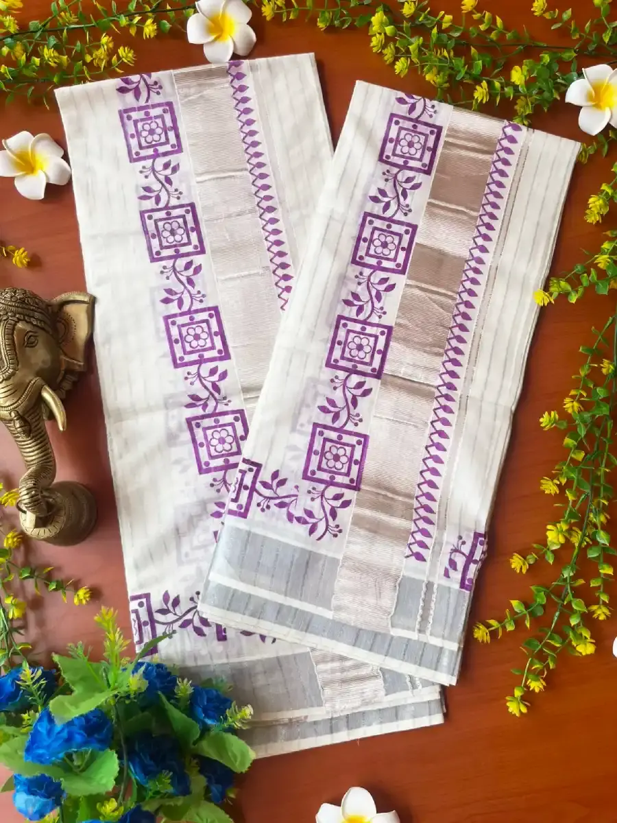 Violet Floral Chakra Premium Silver Stripe Kasavu Cotton Handloom Setmundu Full View
