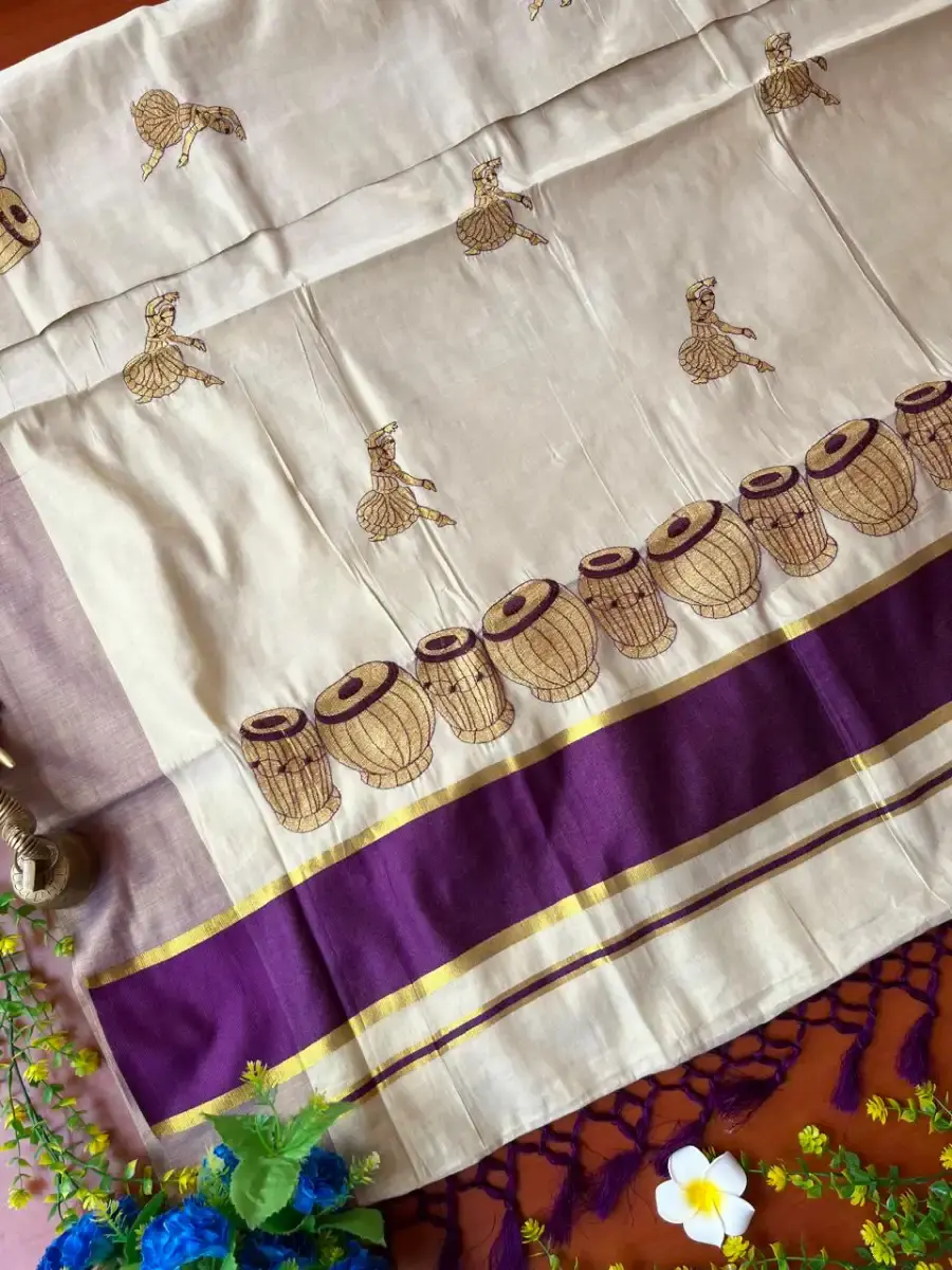 Thumbnail: Chenda Embroidery Kasavu Tussel Tissue Saree with Running Blouse Opened View