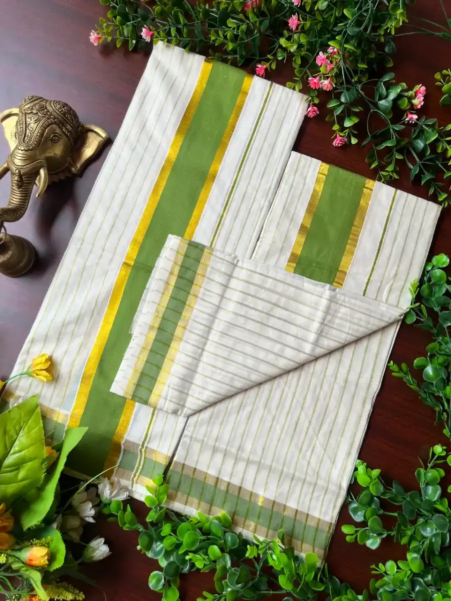 Thumbnail: Kelly Green Gold Stripe Kasavu Cotton Setmundu Full View