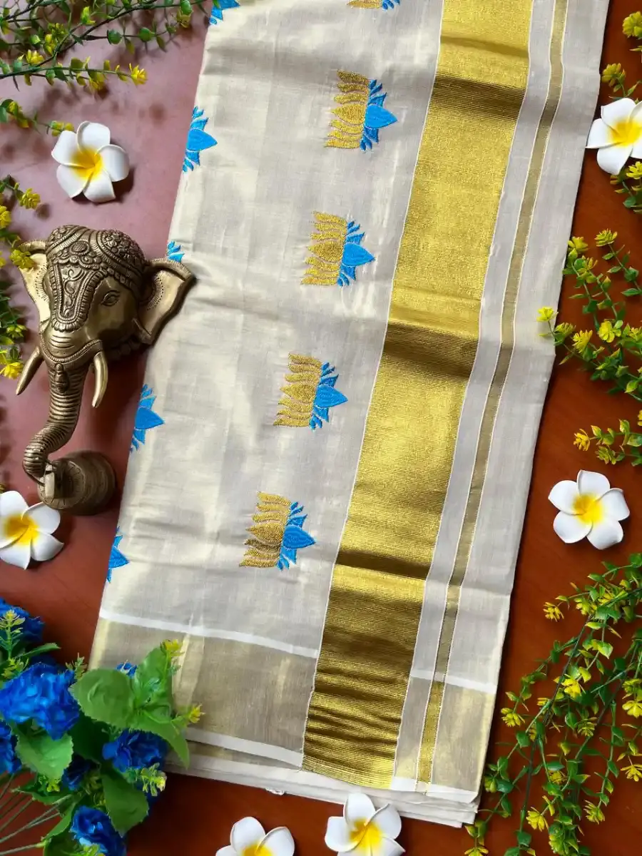Thumbnail: Lotus Zari Kasavu Saree with Running Blouse Full View