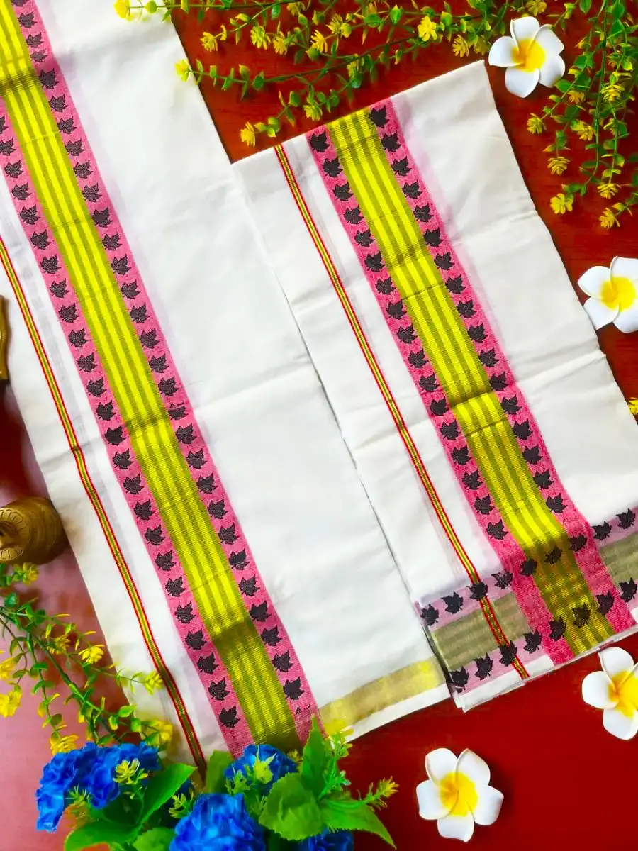 Leaf Pastel Pink and Paris Green Kasavu Cotton Setmundu Full View