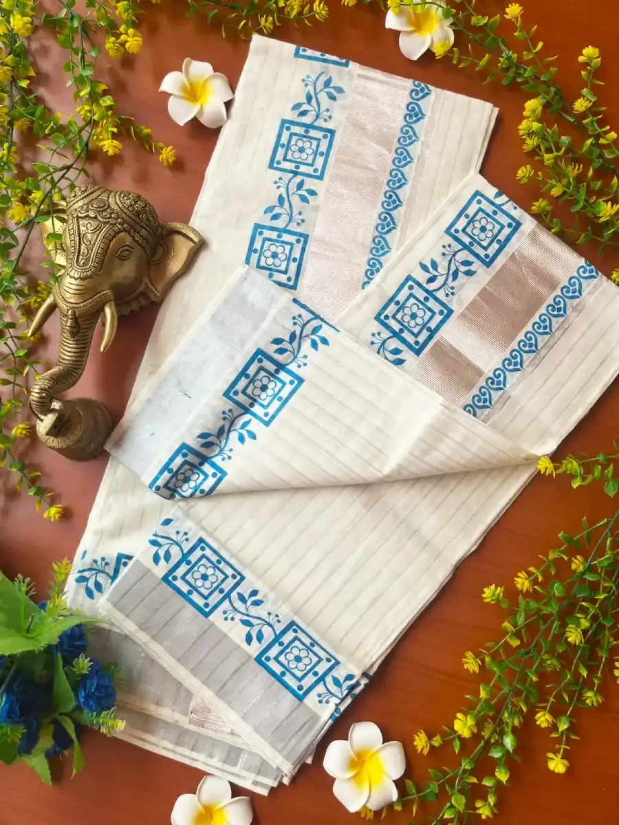 Sky Blue Bloom Silver Stripe Kasavu Cotton Setmundu Main View