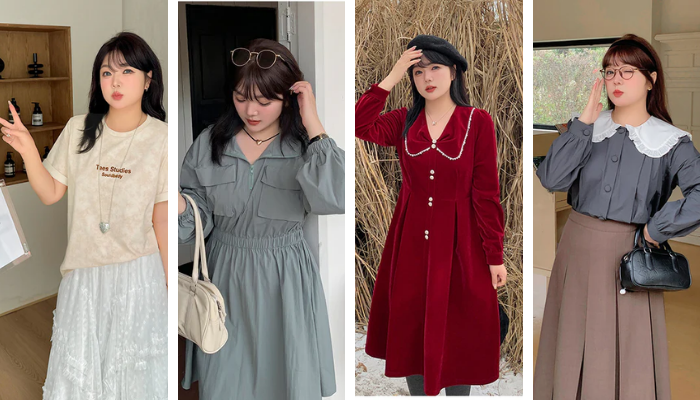 +cute プラスキュートのかわいい大きいサイズレディースファッション。白と赤のドレスを着た4人の女性が室内と草の背景でポーズ。落ち着いた雰囲気のプラスサイズ服。
