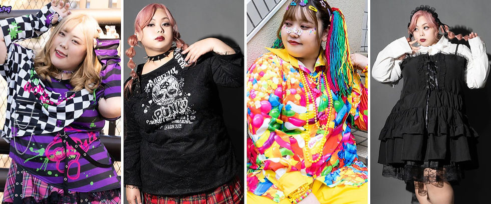 5人のぽっちゃりした女性がパンク、ロック、ヴィジュアル系の大きいサイズファッションを着てポーズ。カラフルなストリートスタイルで、背景にはフェンスや建物が見える。ブランド名は「ACDC Rag」。