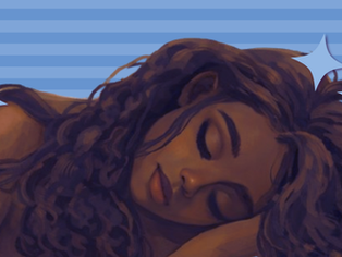 Woman with brown skin and brown, curly hair lays on her side with her eyes closed. She is surrounded by blue sparkles and a blue, striped background.