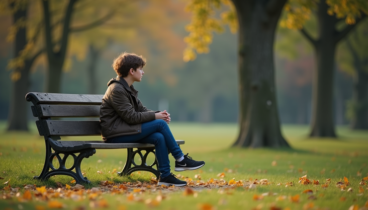 Eye-level view of a quiet teenager sitting alone on a park bench looking thoughtful