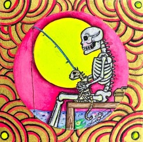 A skeleton sits on a dock fishing with his skeleton cat friend.  The moon GLOWS (literally) behind them.  This small piece measures six by six by point five inches.  The background is pink and gold. This piece would be a perfect gift for the cat loving fisherman.