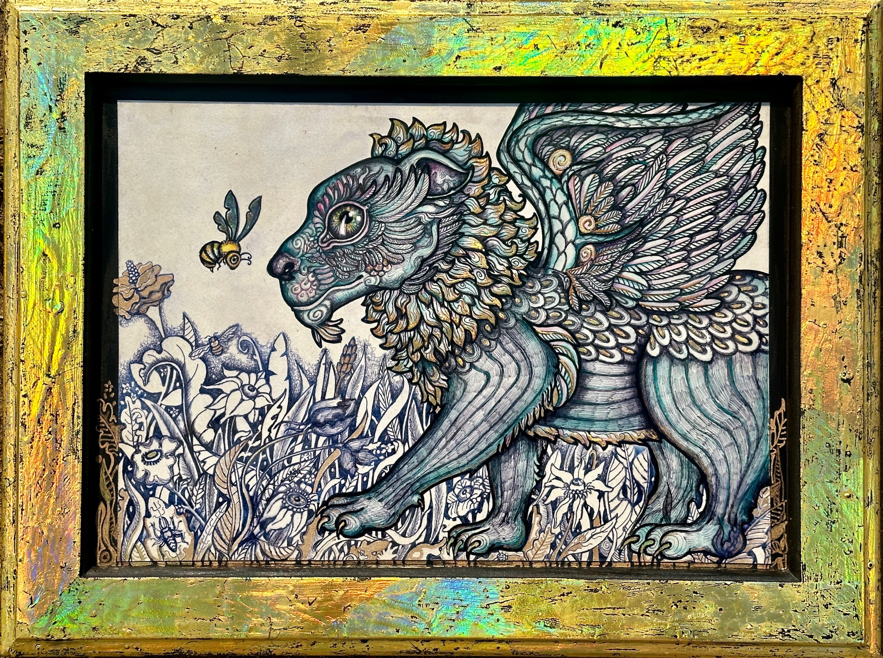 Winged Lion walking through foliage