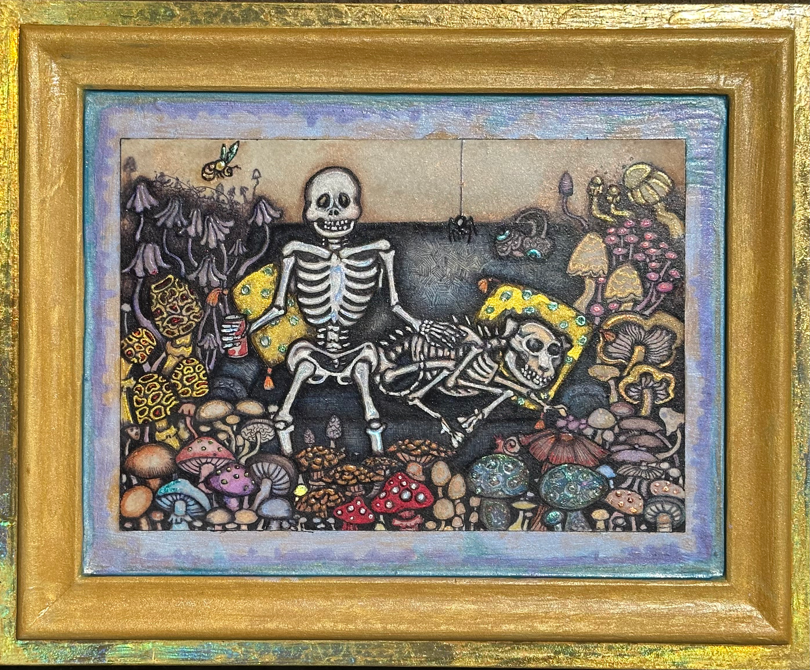 This skeleton and his dog relax on the couch while mushrooms surround them.  The skeleton holds a brew, the dog lies peacefully by his side.  This painting is perfect for the SHROOM lover!