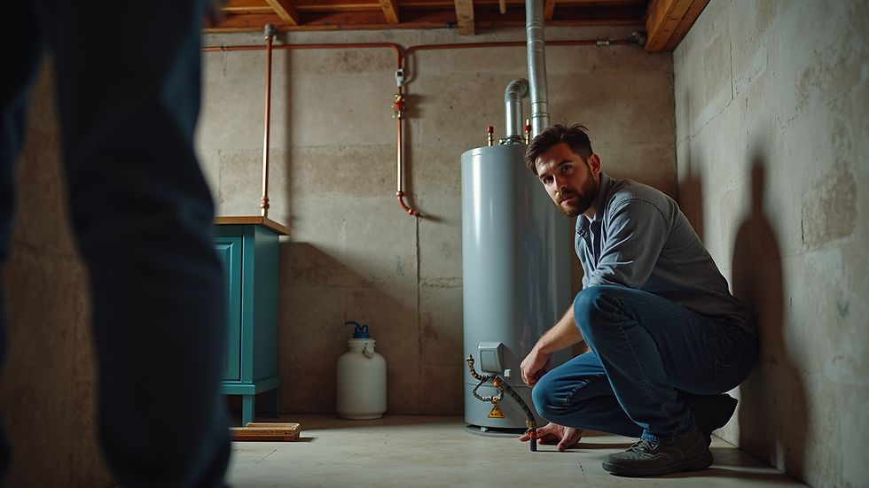 Eye-level view of a plumber inspecting a water heater in a residential basement