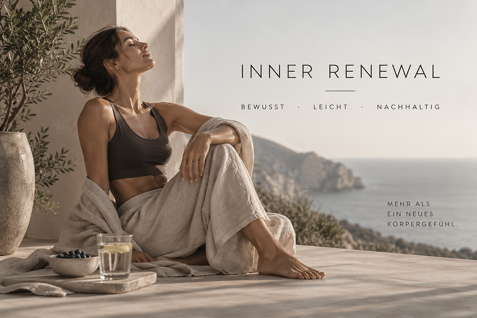 Frau sitzt entspannt auf einer sonnigen Terrasse mit Meerblick. Schriftzug: Inner Renewal - bewusst, leicht, nachhaltig. Mehr als ein neues Körpergefühl.