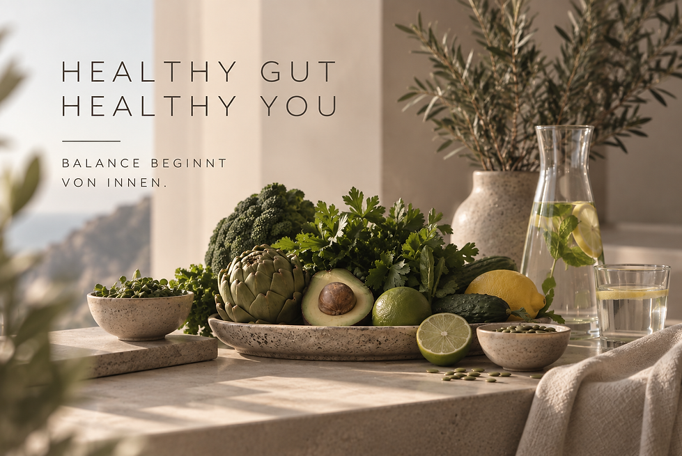 Brokkoli, Artischocke, Avocado, Kräuter und Zitrusfrüchte auf einem Tisch. Schriftzug: Healthy Gut, Healthy You - Balance beginnt von innen.